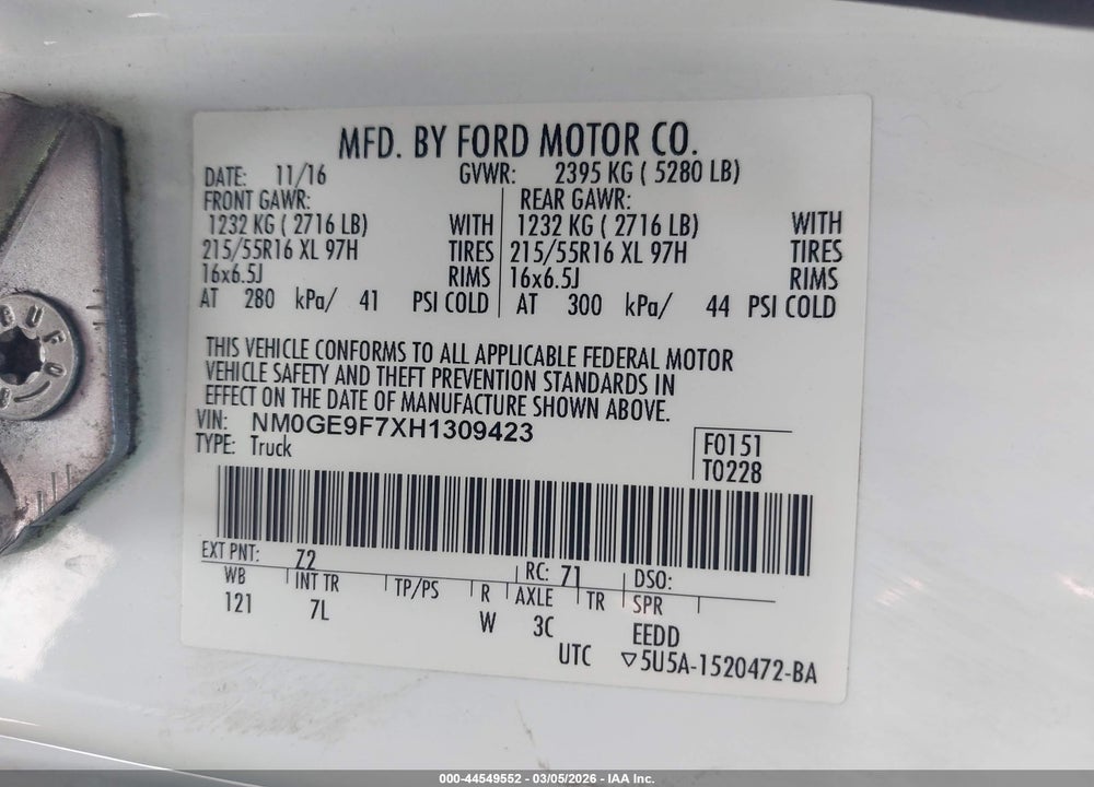 2017 FORD TRANSIT CONNECT XLT VIN: NM0GE9F7XH1309423