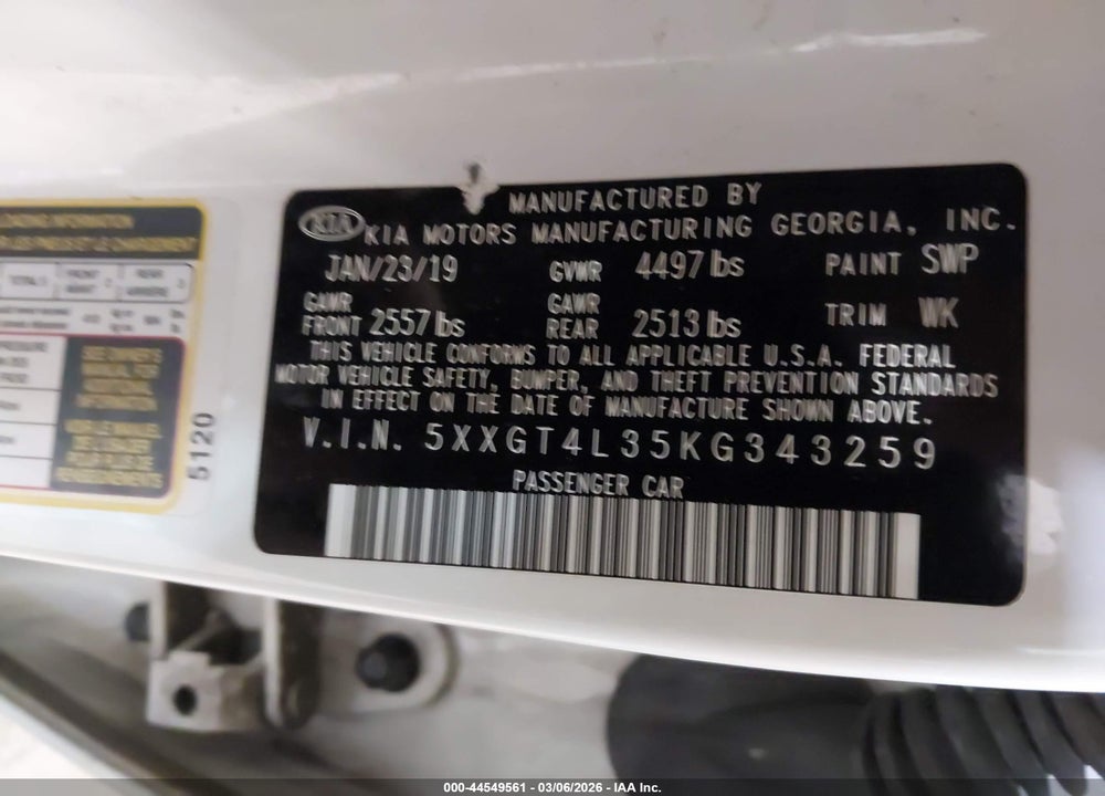 2019 KIA OPTIMA LX VIN: 5XXGT4L35KG343259
