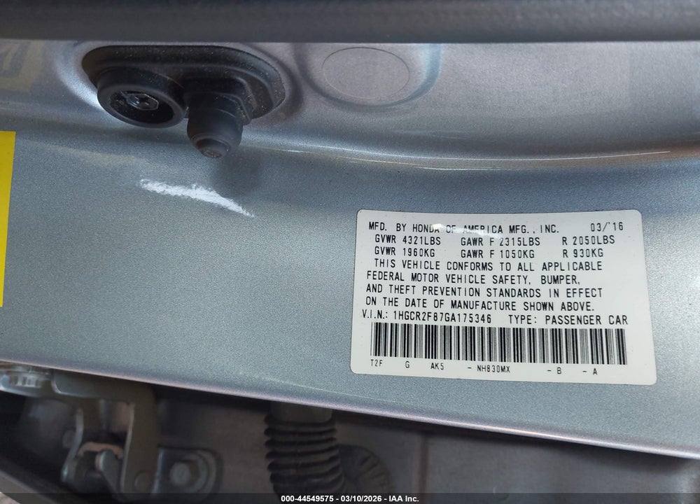 2016 HONDA ACCORD EX-L VIN: 1HGCR2F87GA175346
