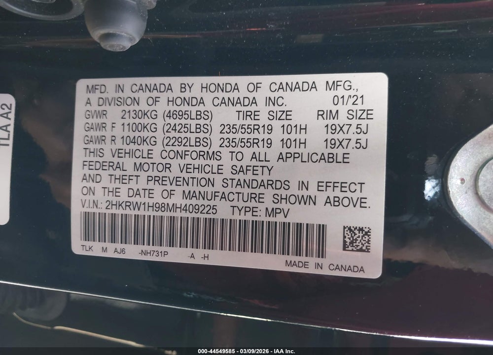 2021 HONDA CR-V 2WD TOURING VIN: 2HKRW1H98MH409225