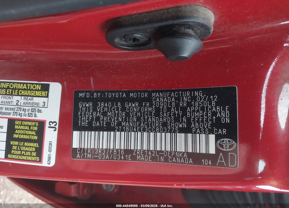 2012 TOYOTA COROLLA LE VIN: 2T1BU4EE3CC803775
