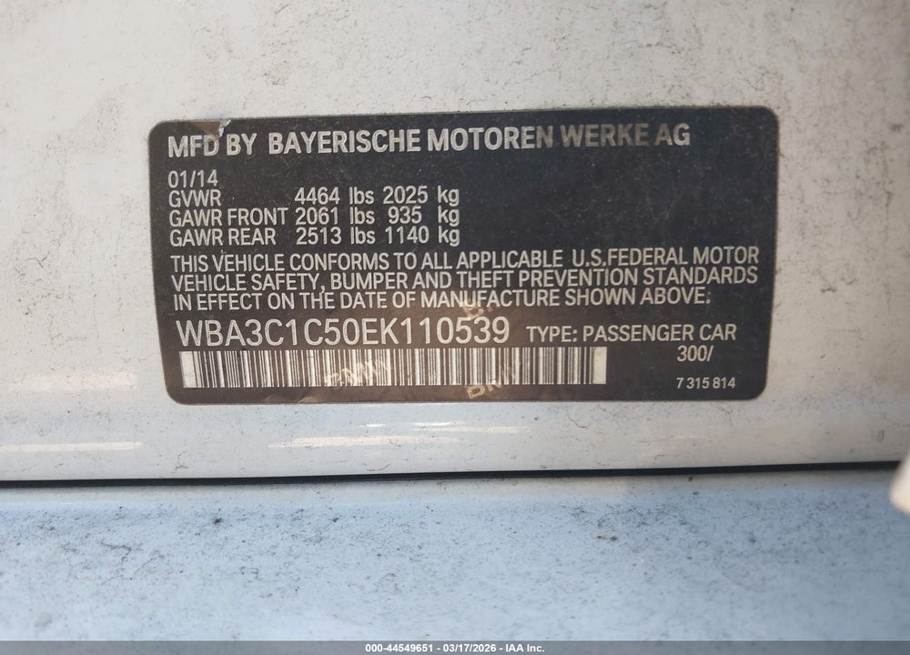 2014 BMW 328I VIN: WBA3C1C50EK110539