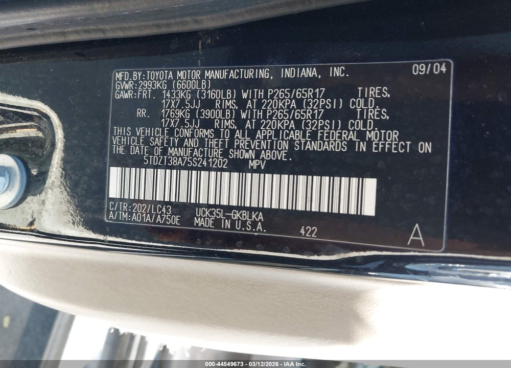 2005 TOYOTA SEQUOIA LIMITED V8 VIN: 5TDZT38A75S241202