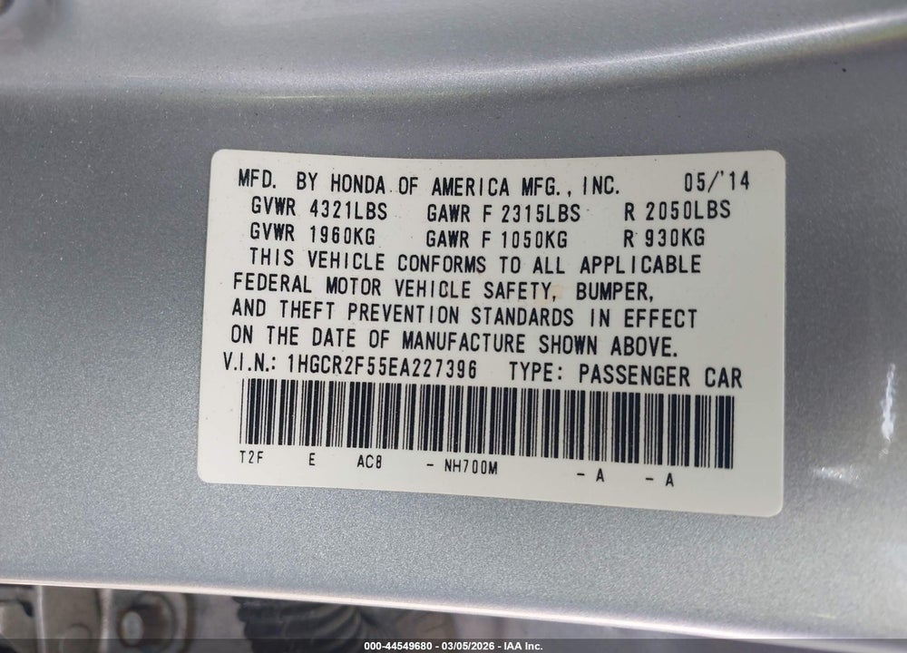 2014 HONDA ACCORD SPORT VIN: 1HGCR2F55EA227396