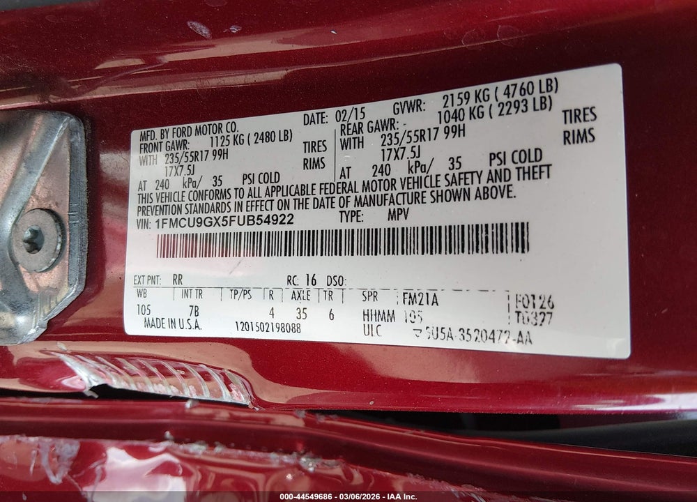 2015 FORD ESCAPE SE VIN: 1FMCU9GX5FUB54922