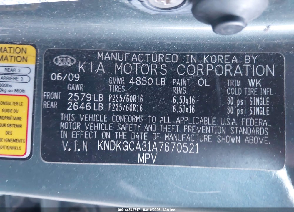 2010 KIA SPORTAGE LX V6 VIN: KNDKGCA31A7670521