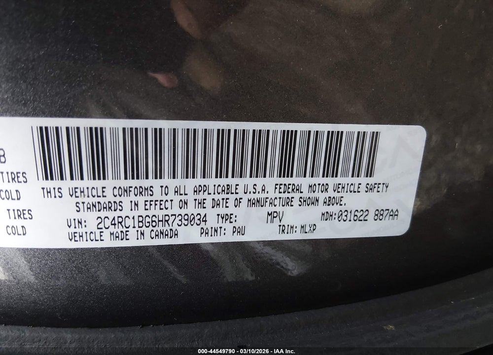 2017 CHRYSLER PACIFICA TOURING-L VIN: 2C4RC1BG6HR739034