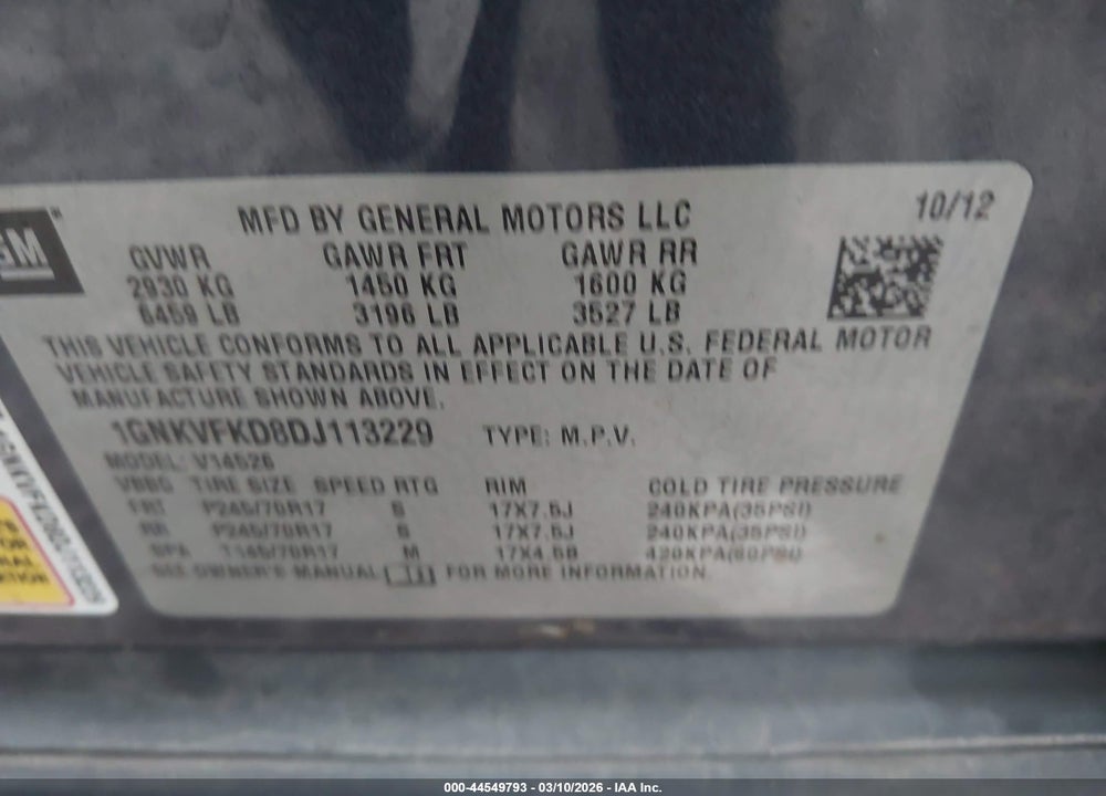 2013 CHEVROLET TRAVERSE LS VIN: 1GNKVFKD8DJ113229