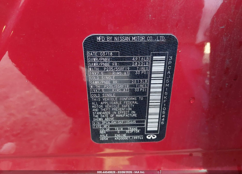 2019 INFINITI QX50 ESSENTIAL VIN: 3PCAJ5M15KF105445