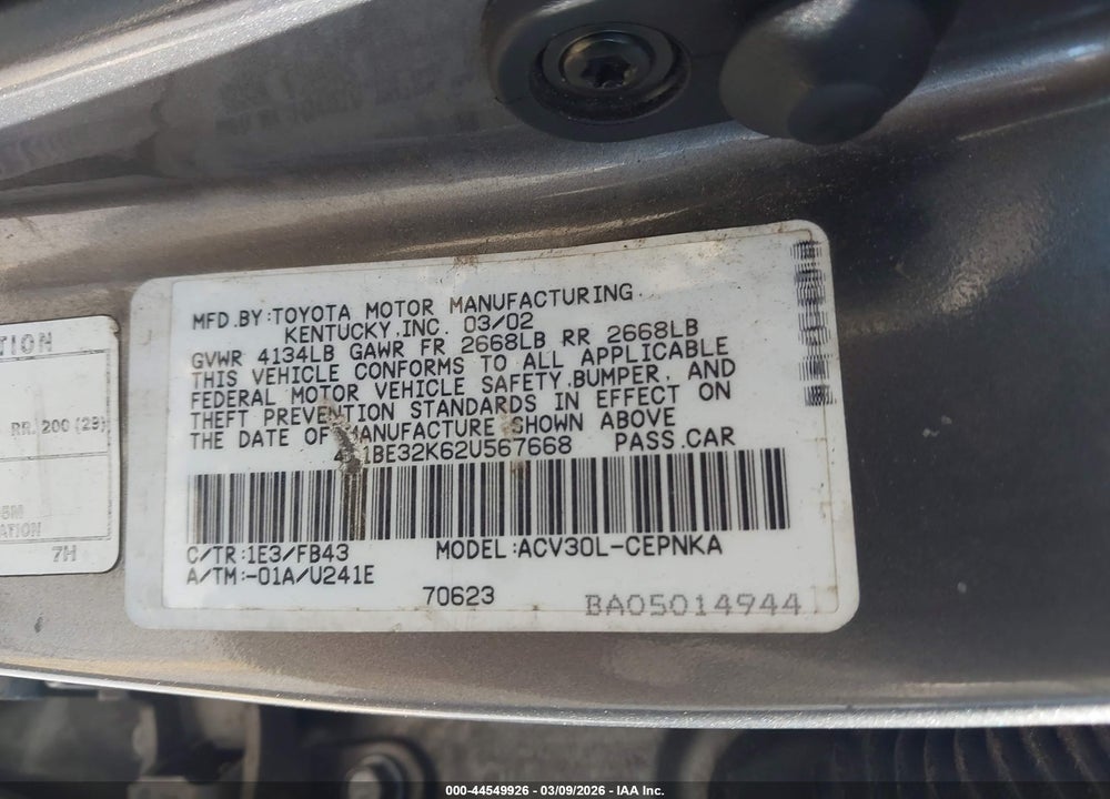 2002 TOYOTA CAMRY LE VIN: 4T1BE32K62U567668