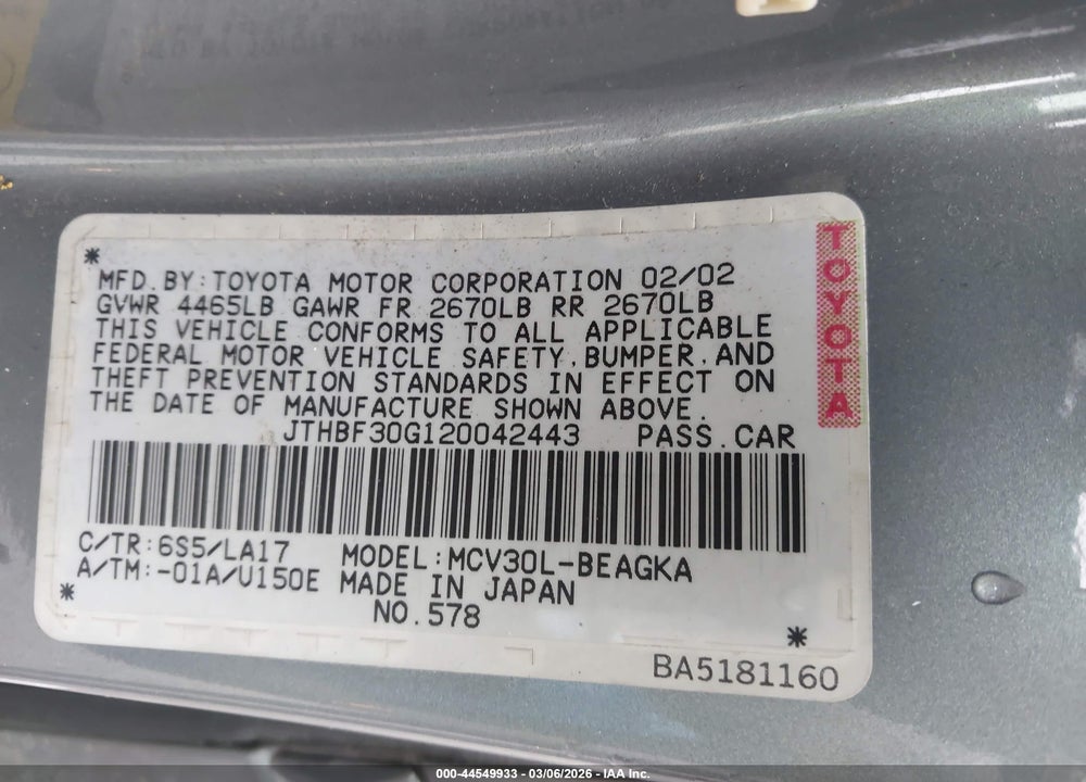 2002 LEXUS ES 300 VIN: JTHBF30G120042443