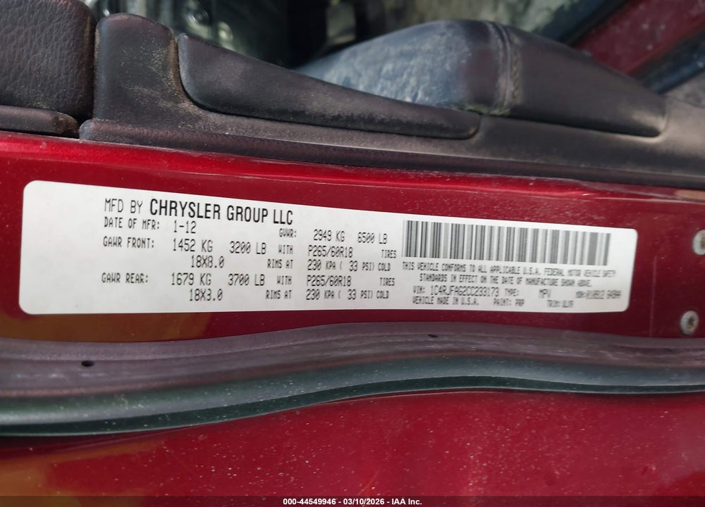 2012 JEEP GRAND CHEROKEE LAREDO VIN: 1C4RJFAG2CC233173