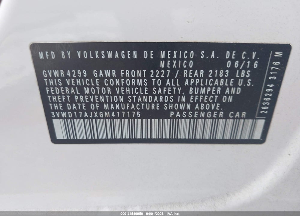 2016 VOLKSWAGEN JETTA 1.8T SPORT VIN: 3VWD17AJXGM417175