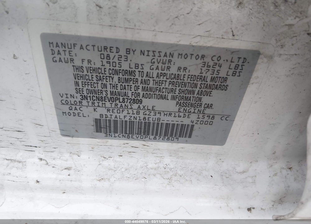 2023 NISSAN VERSA 1.6 SV XTRONIC CVT VIN: 3N1CN8EV0PL872809
