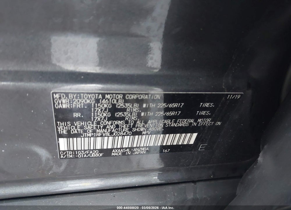 2020 TOYOTA RAV4 XLE VIN: JTMP1RFV8LJ028470