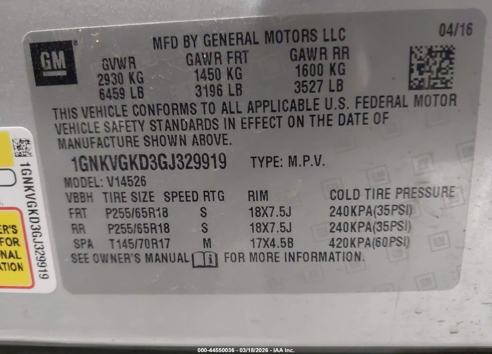 2016 CHEVROLET TRAVERSE 1LT VIN: 1GNKVGKD3GJ329919