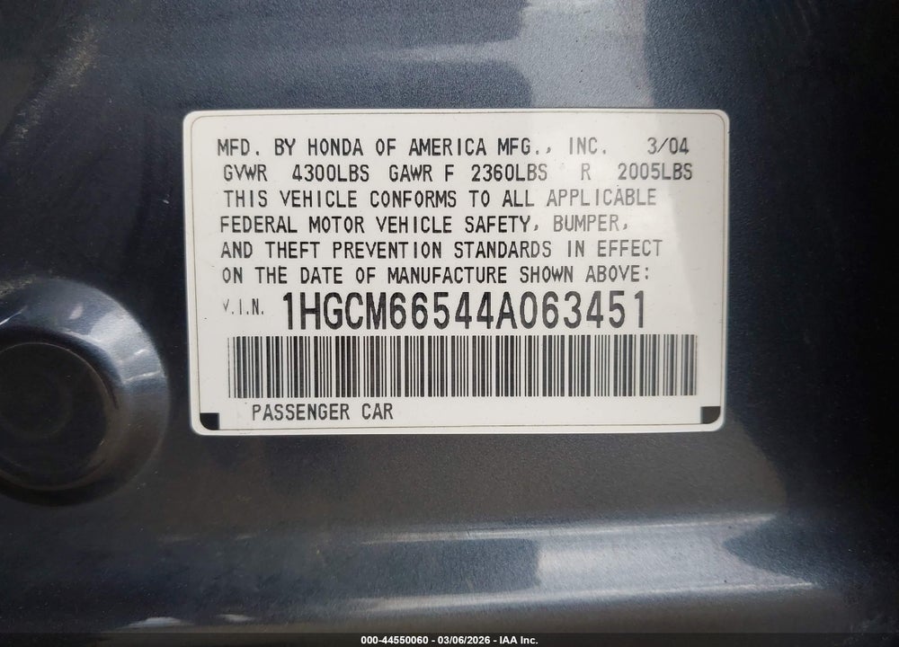 2004 HONDA ACCORD 3.0 EX VIN: 1HGCM66544A063451