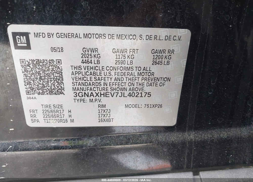2018 CHEVROLET EQUINOX LS VIN: 3GNAXHEV7JL402175
