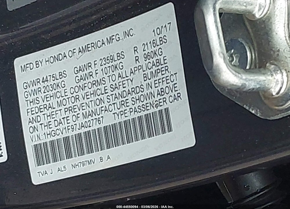 2018 HONDA ACCORD TOURING VIN: 1HGCV1F97JA027767