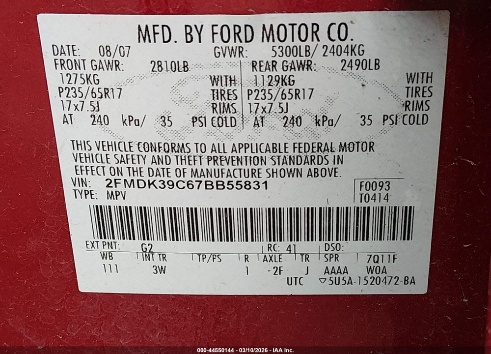 2007 FORD EDGE SEL PLUS VIN: 2FMDK39C67BB55831