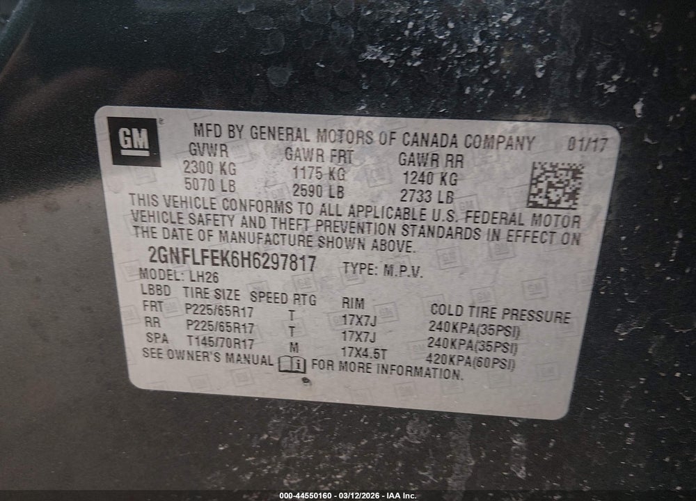 2017 CHEVROLET EQUINOX LT VIN: 2GNFLFEK6H6297817