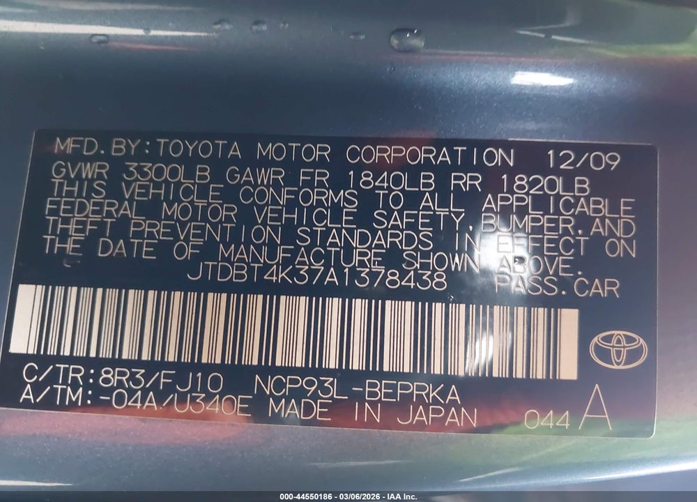 2010 TOYOTA YARIS VIN: JTDBT4K37A1378438
