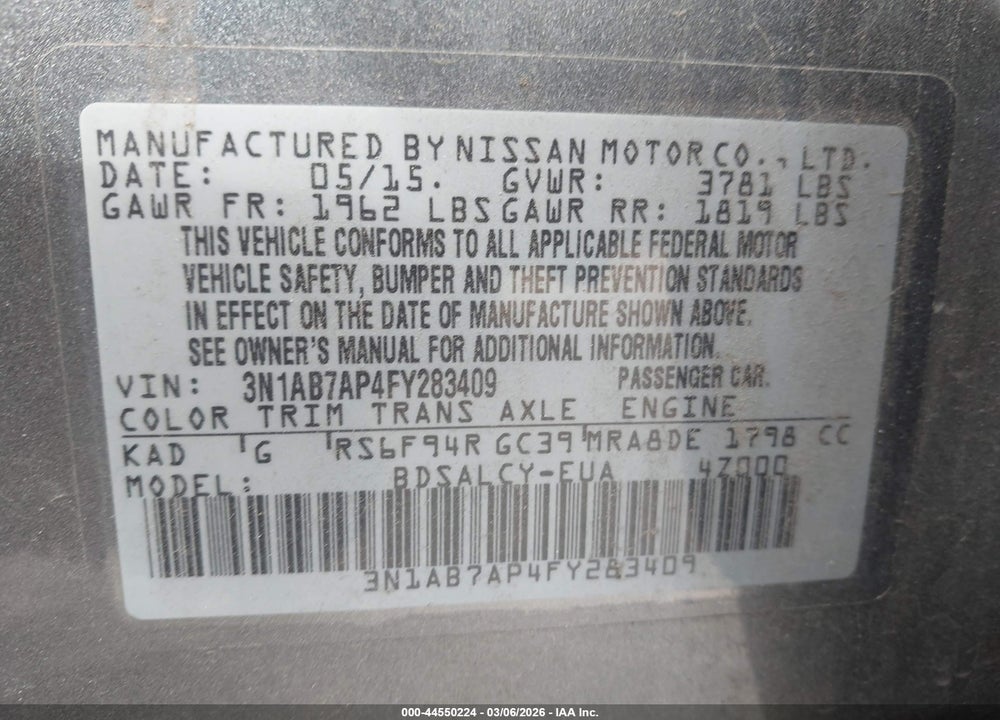 2015 NISSAN SENTRA S VIN: 3N1AB7AP4FY283409