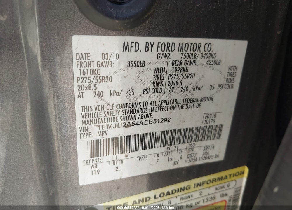 2010 FORD EXPEDITION LIMITED VIN: 1FMJU2A54AEB51292