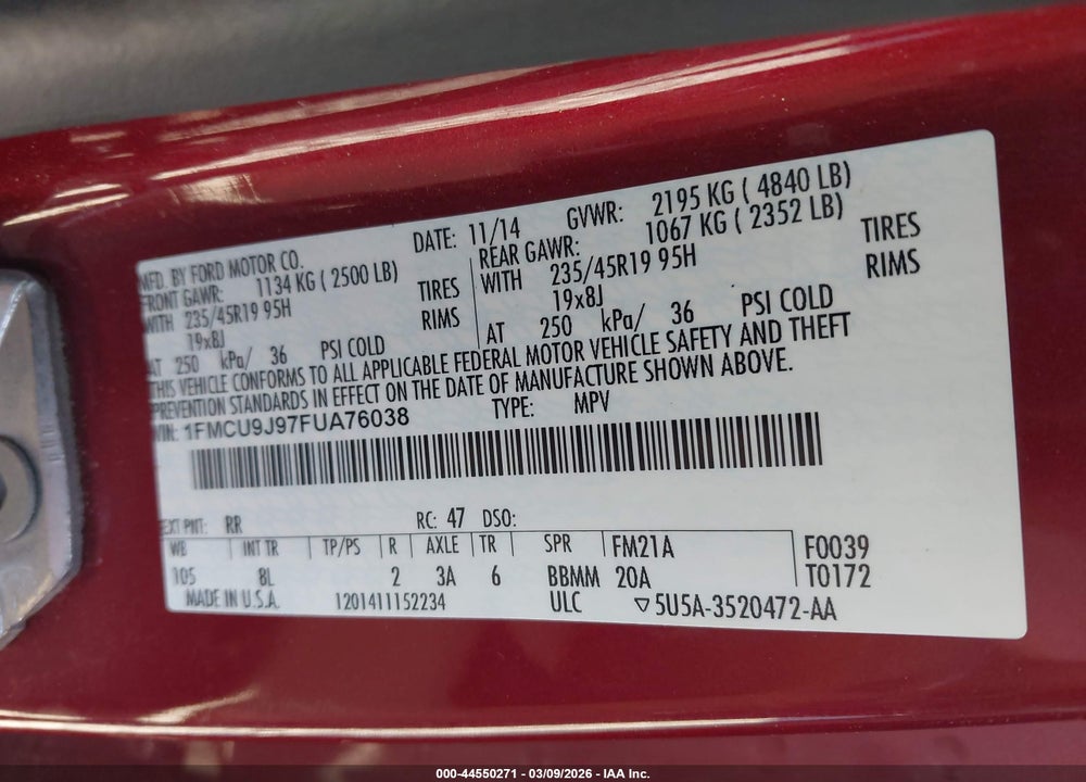 2015 FORD ESCAPE TITANIUM VIN: 1FMCU9J97FUA76038