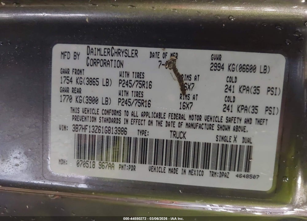 2001 DODGE RAM 1500 ST VIN: 3B7HF13Z61G813986