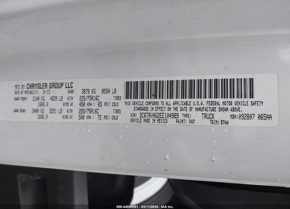 2014 RAM PROMASTER 1500 LOW ROOF VIN: 3C6TRVAG2EE104989