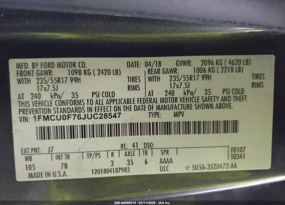 2018 FORD ESCAPE S VIN: 1FMCU0F76JUC28547