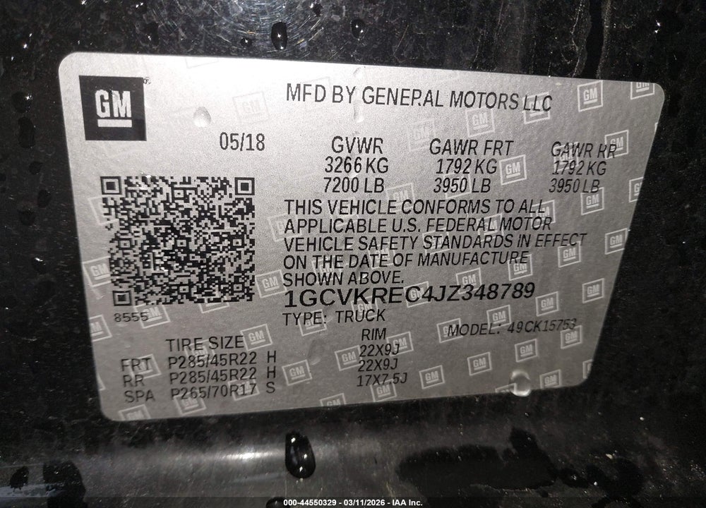 2018 CHEVROLET SILVERADO 1500 2LT VIN: 1GCVKREC4JZ348789