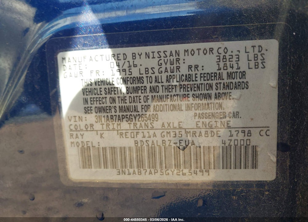 2016 NISSAN SENTRA S VIN: 3N1AB7AP5GY265499