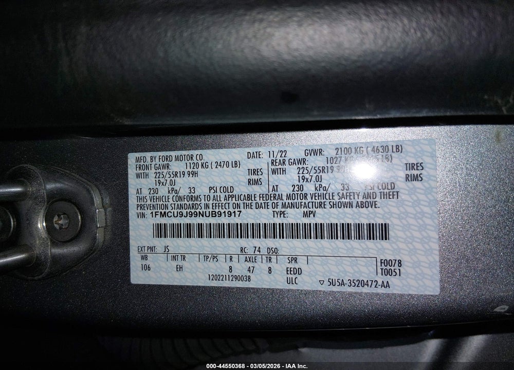2022 FORD ESCAPE TITANIUM VIN: 1FMCU9J99NUB91917