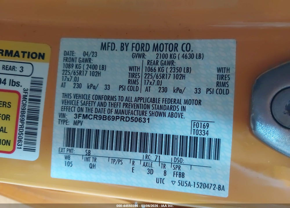 2023 FORD BRONCO SPORT BIG BEND VIN: 3FMCR9B69PRD50631