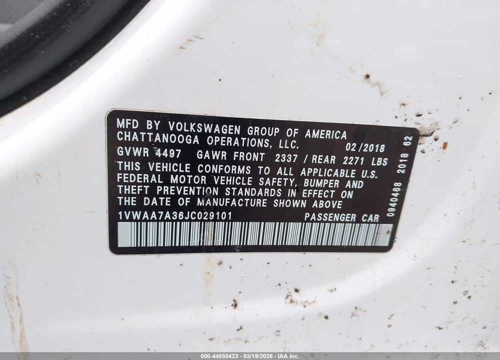 2018 VOLKSWAGEN PASSAT 2.0T R-LINE/2.0T S VIN: 1VWAA7A36JC029101