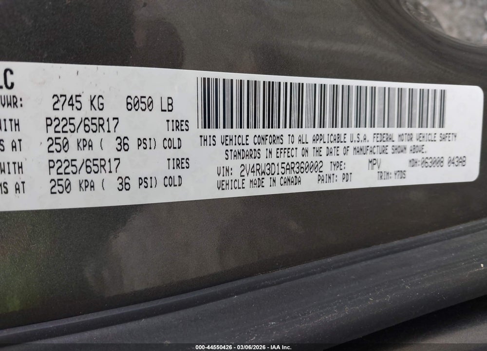 2010 VOLKSWAGEN ROUTAN SE VIN: 2V4RW3D15AR360002