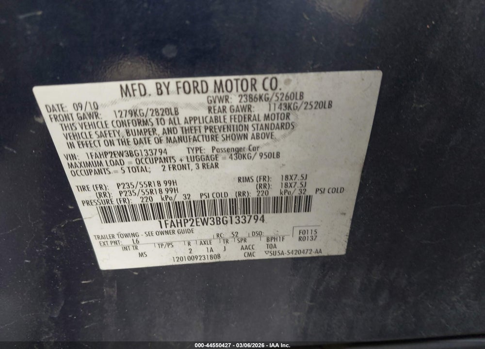 2011 FORD TAURUS SEL VIN: 1FAHP2EW3BG133794