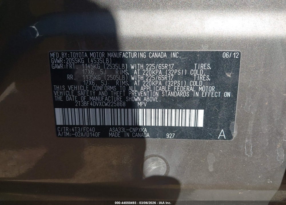 2012 TOYOTA RAV4 VIN: 2T3BF4DVXCW225868