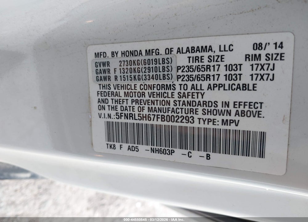 2015 HONDA ODYSSEY EX-L VIN: 5FNRL5H67FB002293