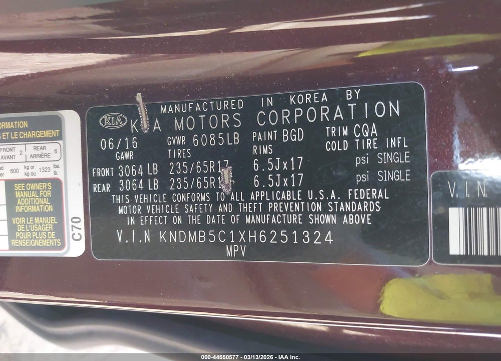 2017 KIA SEDONA LX VIN: KNDMB5C1XH6251324