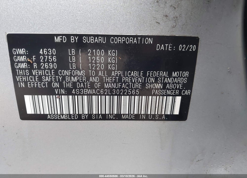 2020 SUBARU LEGACY PREMIUM VIN: 4S3BWAC62L3022565