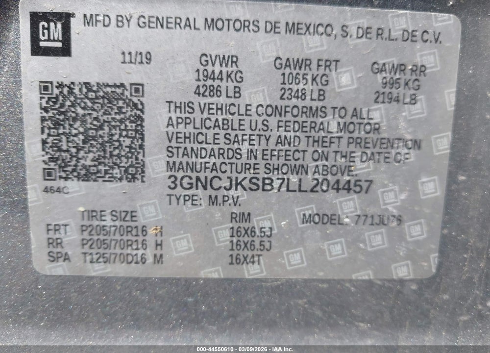 2020 CHEVROLET TRAX FWD LS VIN: 3GNCJKSB7LL204457