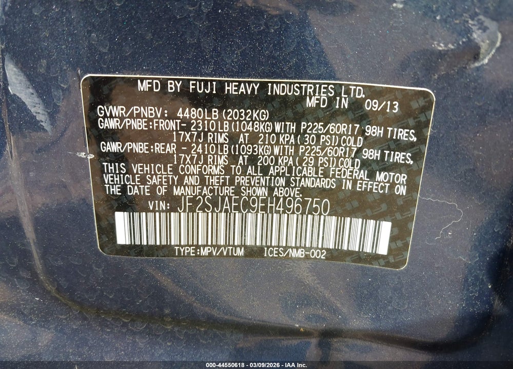 2014 SUBARU FORESTER 2.5I PREMIUM VIN: JF2SJAEC9EH496750