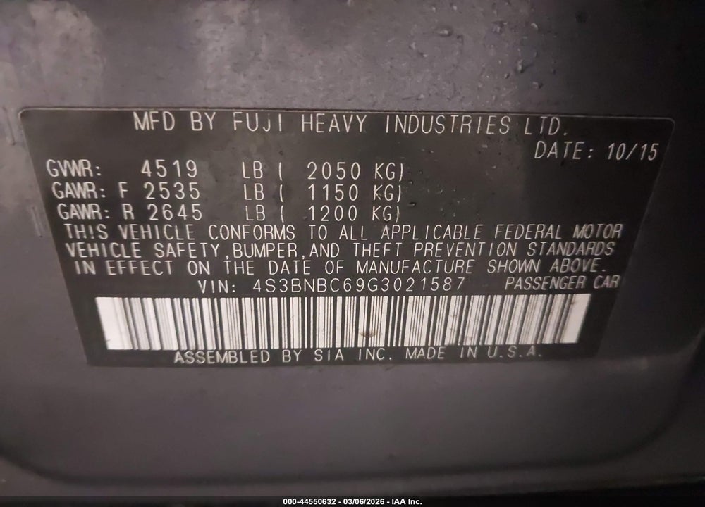 2016 SUBARU LEGACY 2.5I PREMIUM VIN: 4S3BNBC69G3021587