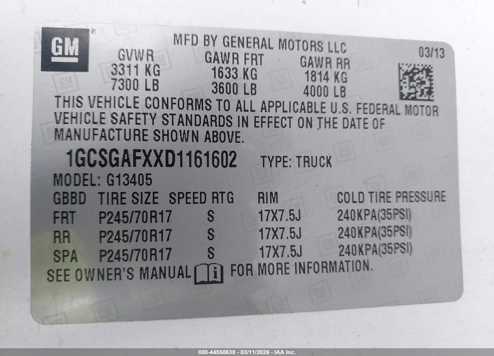 2013 CHEVROLET EXPRESS 1500 WORK VAN VIN: 1GCSGAFXXD1161602