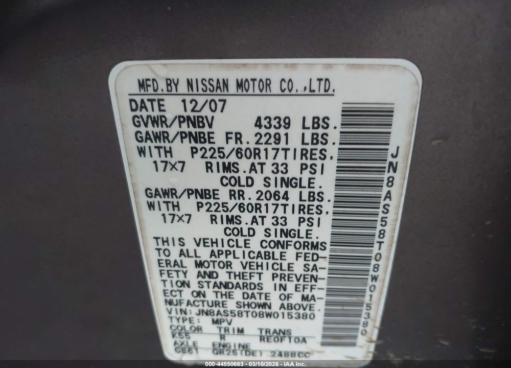 2008 NISSAN ROGUE SL VIN: JN8AS58T08W015380