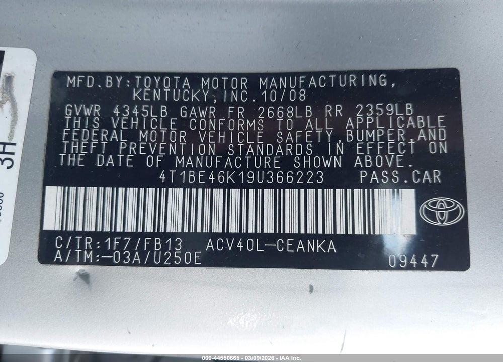 2009 TOYOTA CAMRY LE VIN: 4T1BE46K19U366223