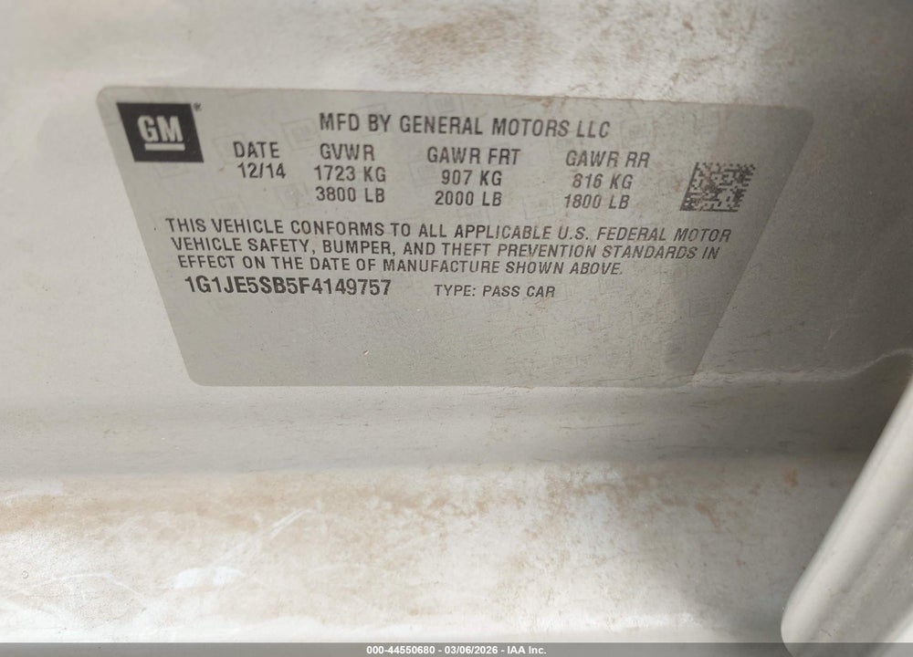 2015 CHEVROLET SONIC VIN: 1G1JE5SB5F4149757